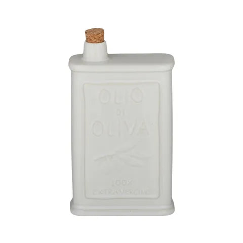 An ivory ceramic oil bottle with a cork stopper