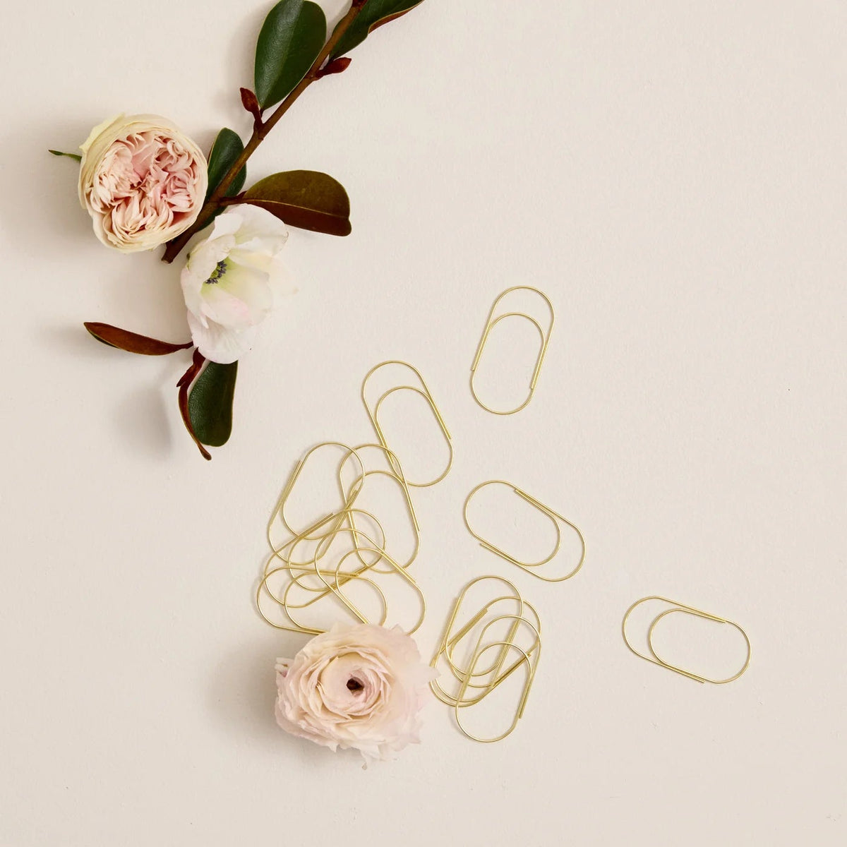 Gold metal paperclips arranged on a light beige background with decorative pale pink flowers and green leaves in the upper left corner.