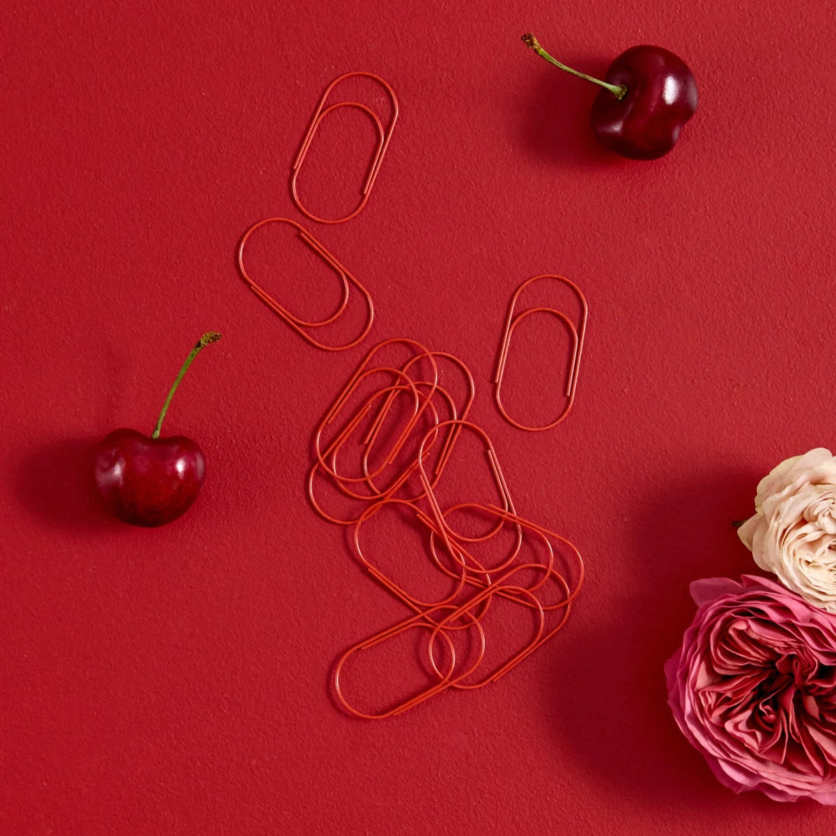 Red metal paperclip desk accessories scattered on a textured red background, styled with two dark red cherries and pink and cream roses.