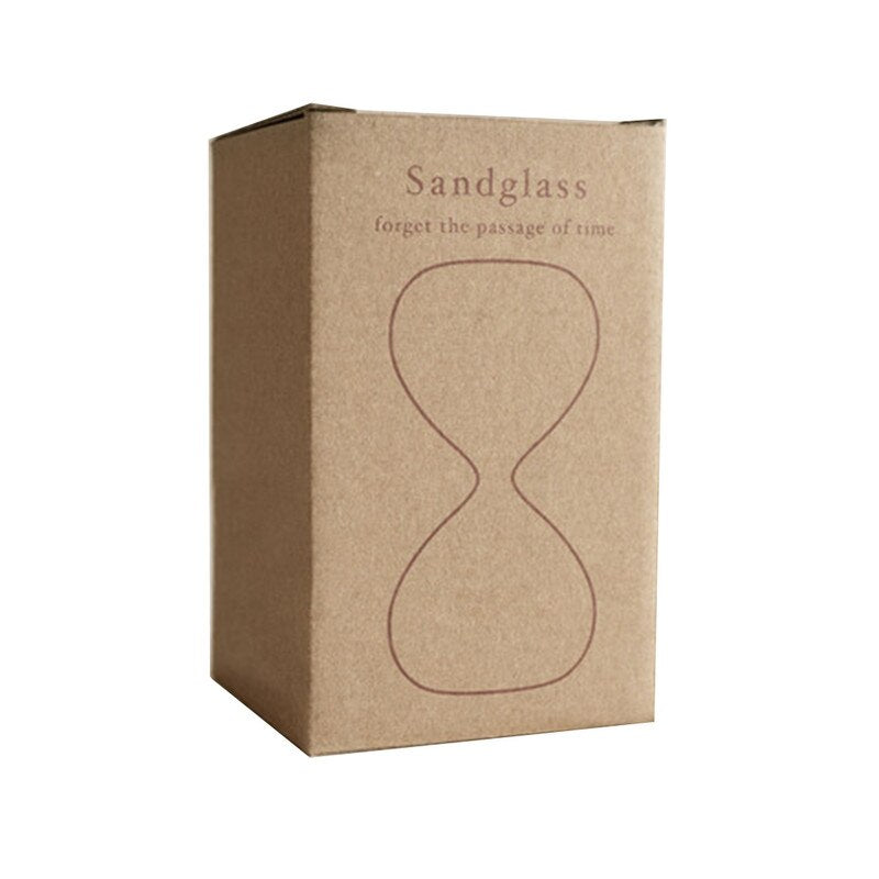 Kraft paper box with sandglass design and text on a white background