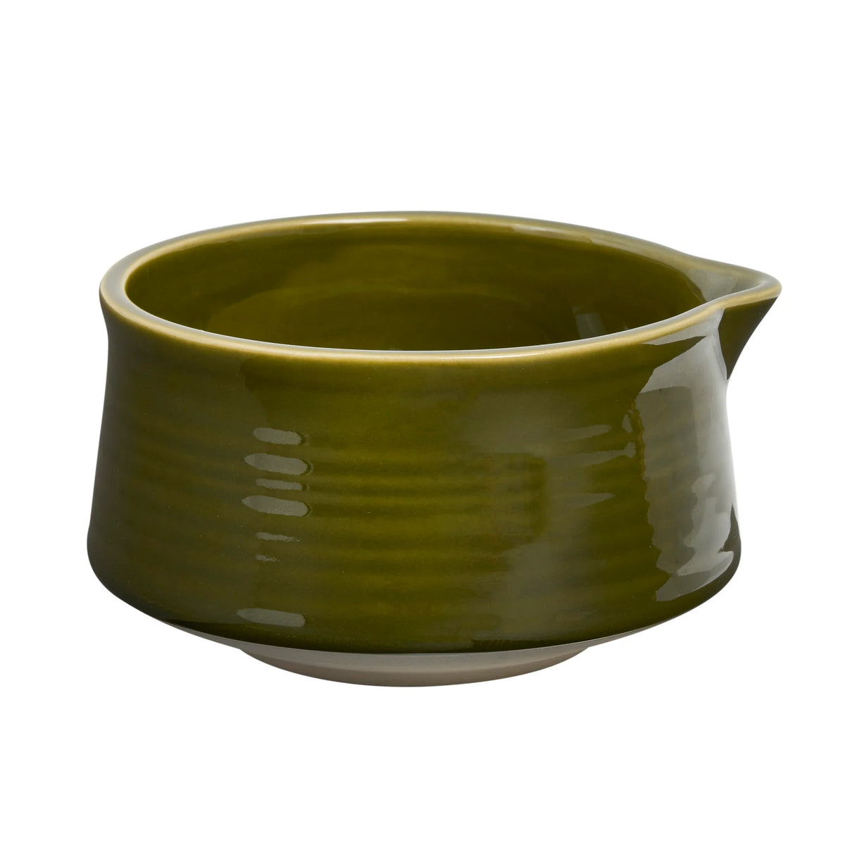 An olive green glazed ceramic matcha bowl with a small pouring spout, shown on a plain white background.