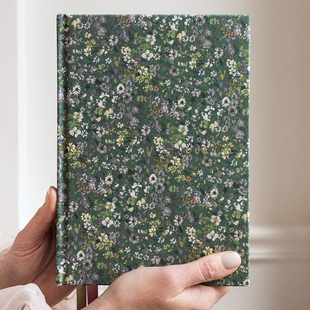 Hand holding a floral notebook against a neutral background