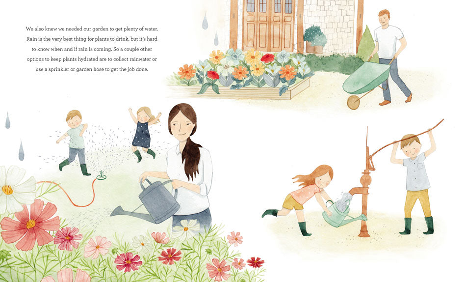 Illustrated children's book page showing a family gardening together.