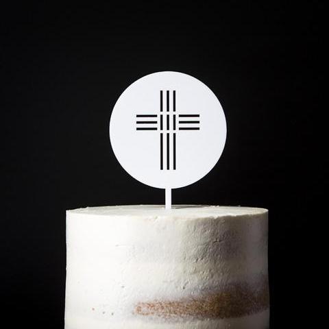 White Acrylic Round Cake Topper with cross