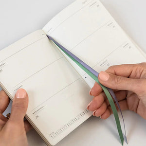 Person holding a planner with green and blue ribbon on white background