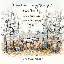Illustration of a horse and rider in a forest with a motivational quote.