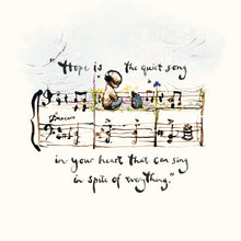 Music notes with a child and text on a light background