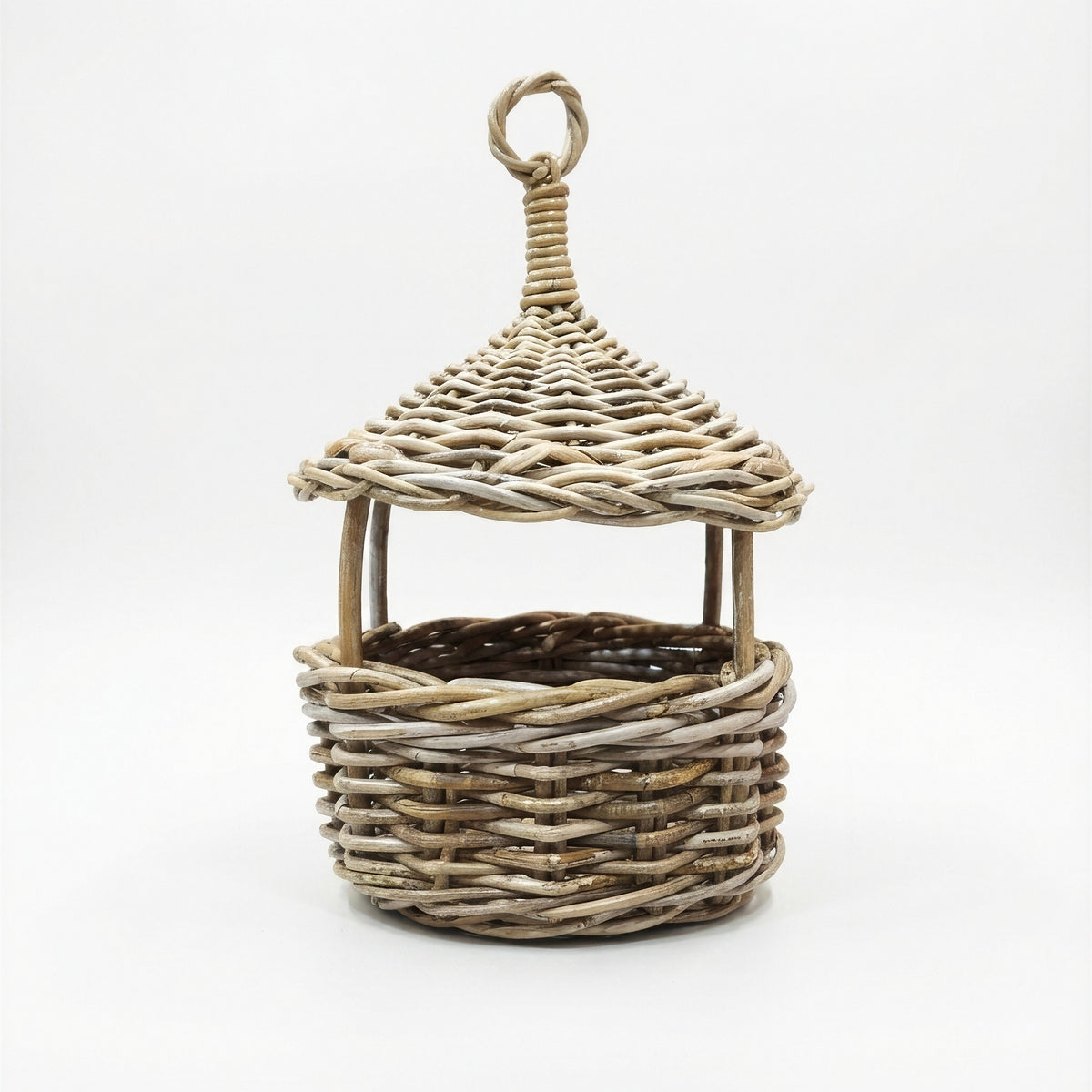 Wicker hanging basket  on a white background