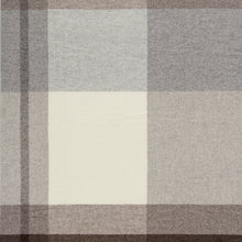 Plaid blanket with brown, gray, and beige colors on a white background