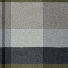Plaid blanket with green, gray, and black colors on a white background
