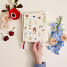 A hand holds a cream-colored hardcover journal decorated with a delicate botanical pattern of small flowers and leaves. The scene is styled as a flat-lay on a warm cream background, surrounded by decorative elements including a red poppy, pink roses, blue delphiniums, and two red cherries.