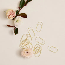 Gold metal paperclips arranged on a light beige background with decorative pale pink flowers and green leaves in the upper left corner.