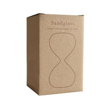 Kraft paper box with sandglass design and text on a white background