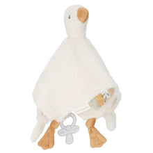 White plush goose toy with a pacifier on a white background