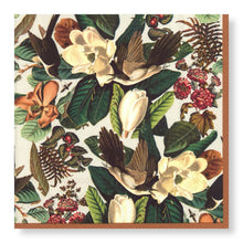 Floral and bird patterned napkin with a wooden border
