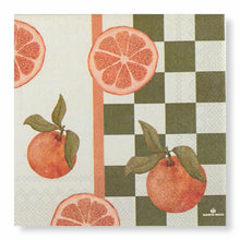 Napkin with orange and checkered pattern.