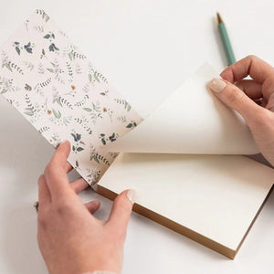 Person opening a notebook with a floral cover on a white background