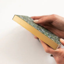 Hand holding a book with a gold spine on a white background