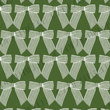 A repeating pattern of white bow motifs on a dark olive green background.