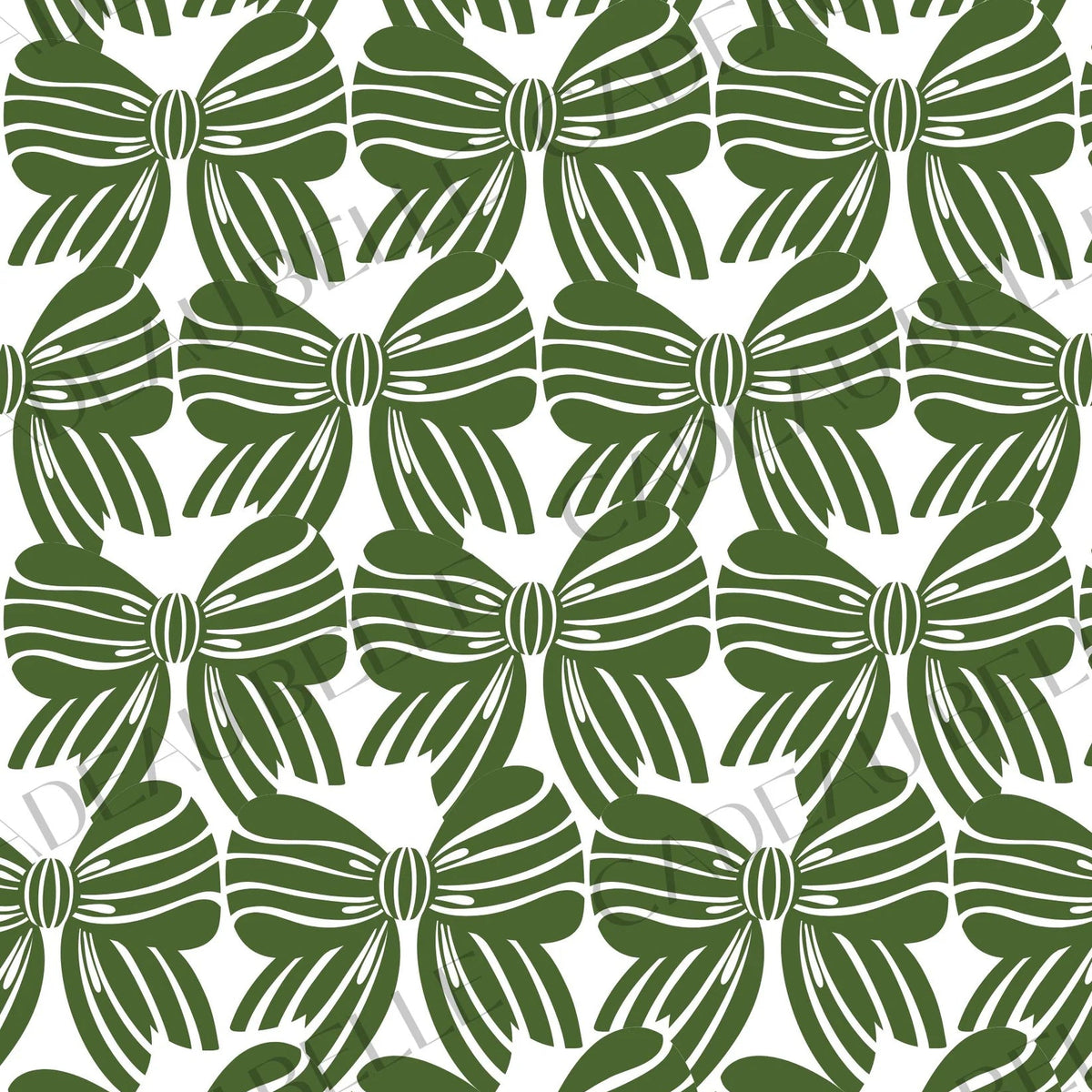 A repeating pattern of dark green ribbon bows with white hand-drawn style outlines on a white background.