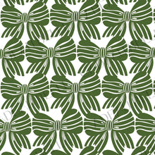 A repeating pattern of dark green ribbon bows with white hand-drawn style outlines on a white background.