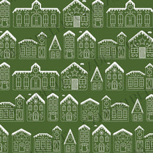A repeating pattern of white gingerbread houses with icing-like detailing on a dark green background.