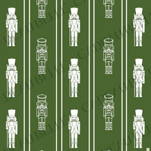 A repeating pattern of white nutcracker figures and vertical white stripes on a deep red background.