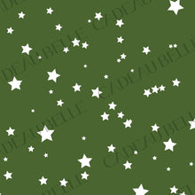 A dark olive green background covered with scattered white stars of varying sizes, overlaid with repeated diagonal 'CADEAUBELLE' watermark text.