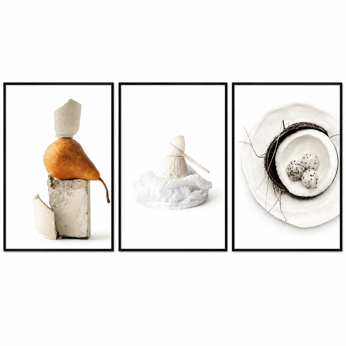 Three framed artworks with abstract compositions on a white background