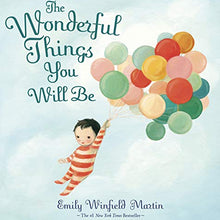 A book cover featuring an illustration of a baby wearing a striped outfit, holding a bunch of colorful balloons.