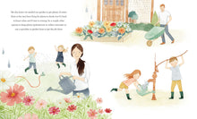 Illustrated children's book page showing a family gardening together.