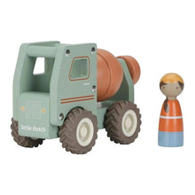 A wooden toy cement mixer truck in sage green and terracotta orange, shown next to a small wooden construction worker figure on a plain white background. The brand name 'little dutch' is visible on the front of the truck.