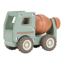 A wooden toy cement mixer truck by Little Dutch, featuring a sage green cab, a terracotta-colored rotating drum, and brown wheels with cream hubcaps, shown on a solid white background.