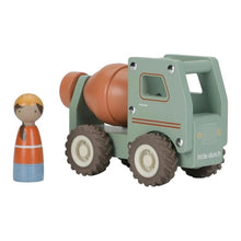 A wooden toy cement mixer truck in sage green and terracotta orange, shown next to a small wooden peg doll on a plain white background. The side of the truck features the brand name 'little dutch'.