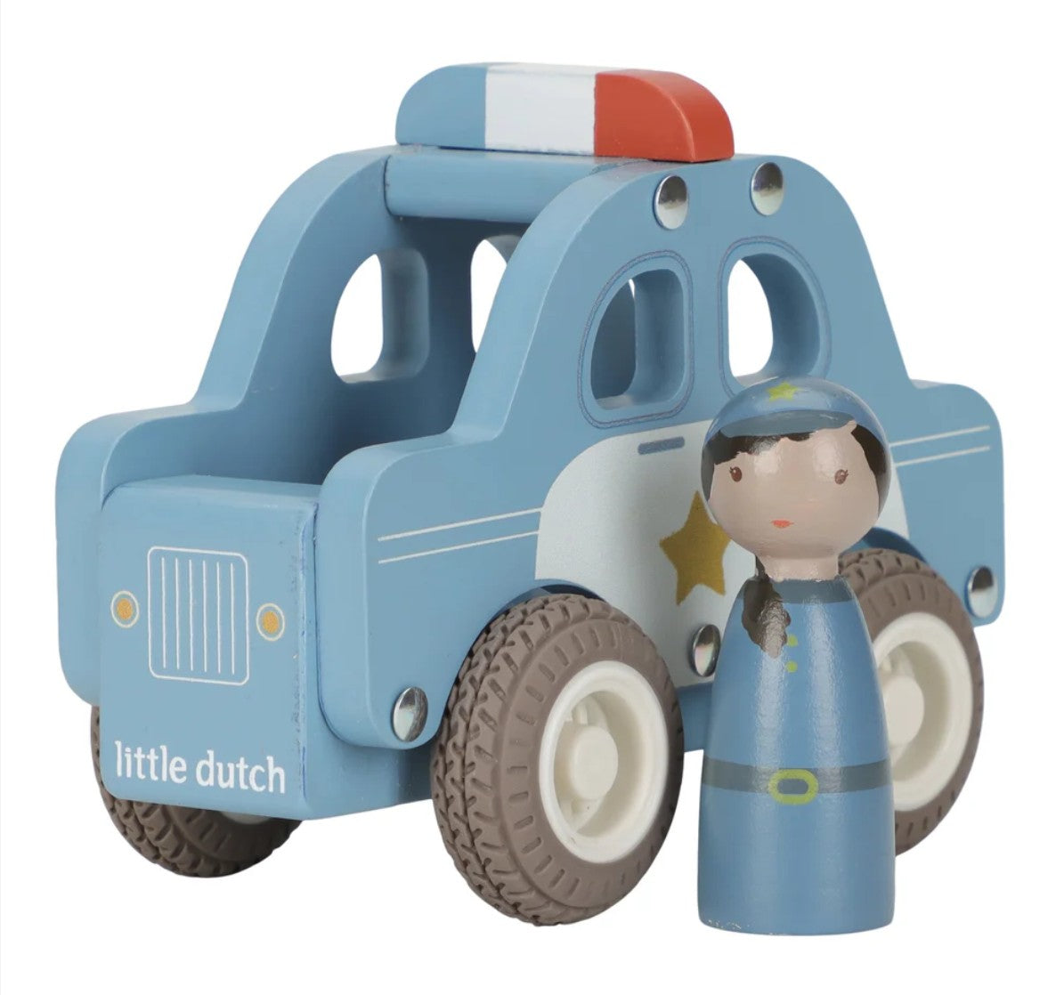Wooden police car toy with a figure on a white background, branded 'little dutch'.
