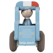 Wooden toy car with a driver figure, branded 'little dutch', on a white background