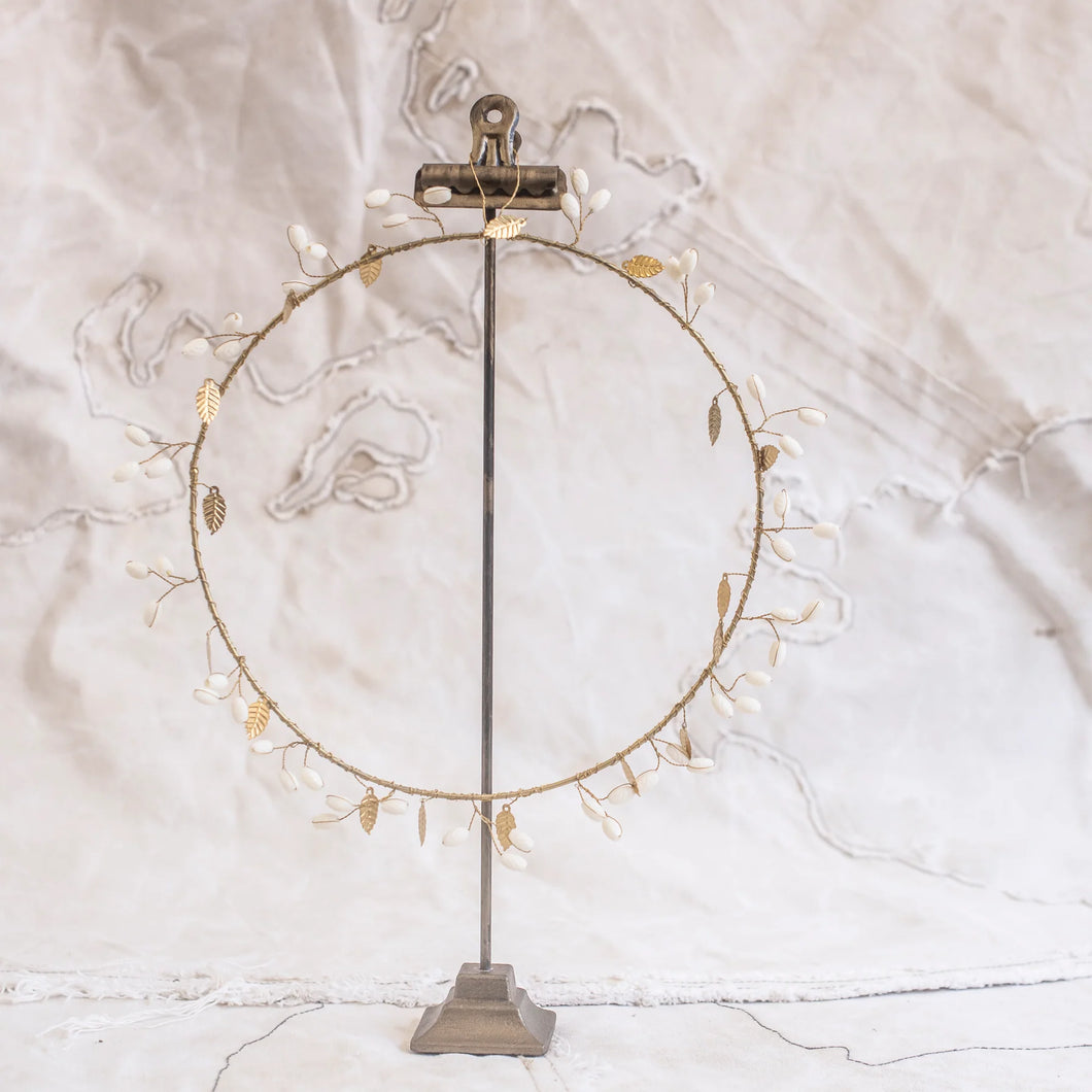 Brass Leaves Wreath with White Branchlets