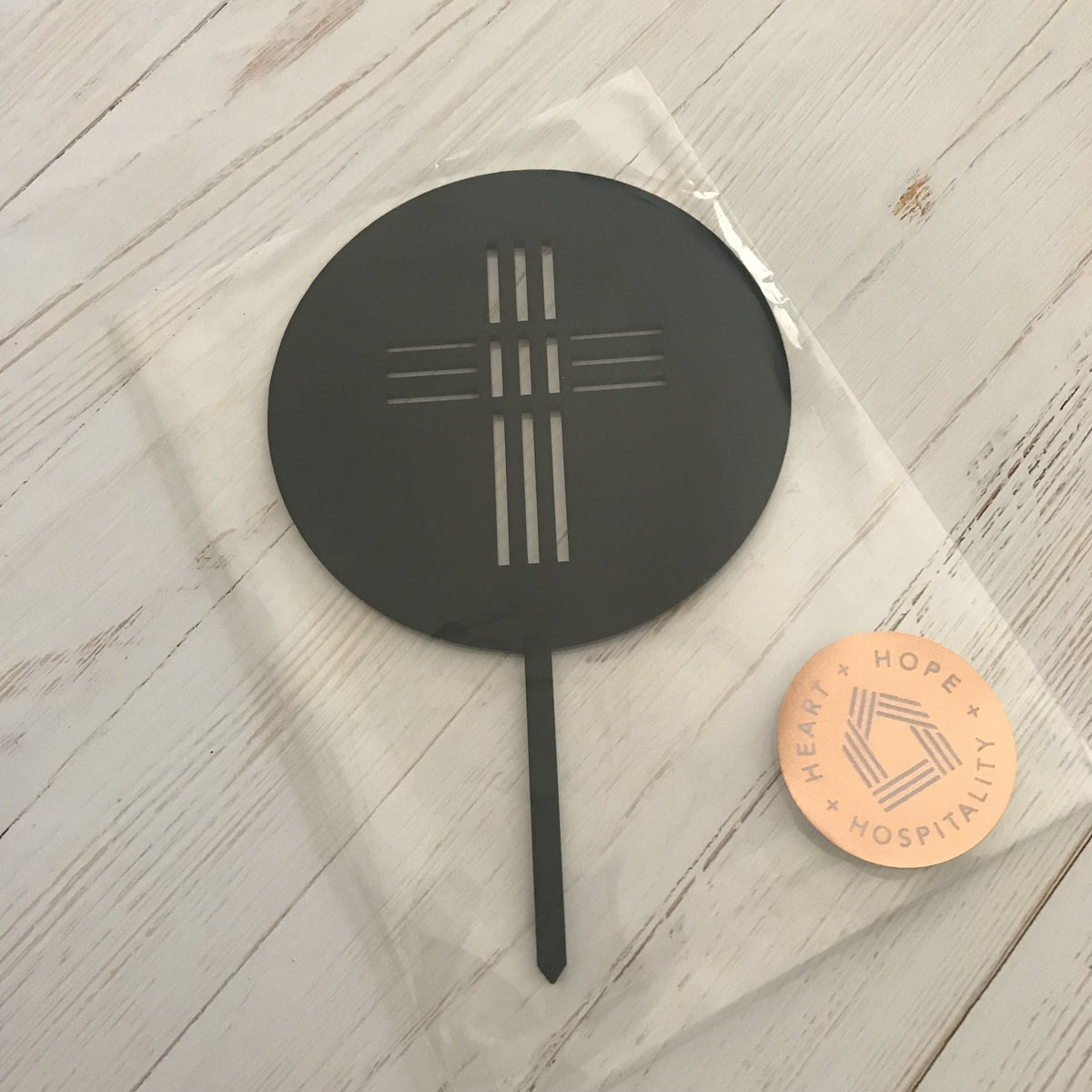 Black Acrylic Round Cake Topper with Cross