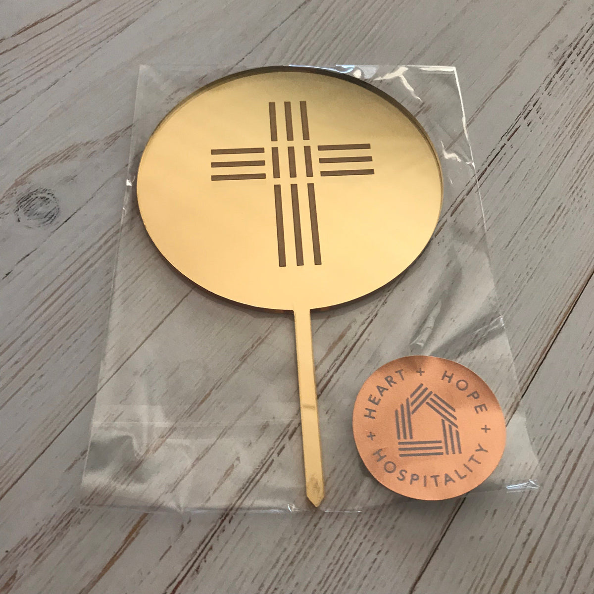 Gold Mirror Round Cake Topper with Cross