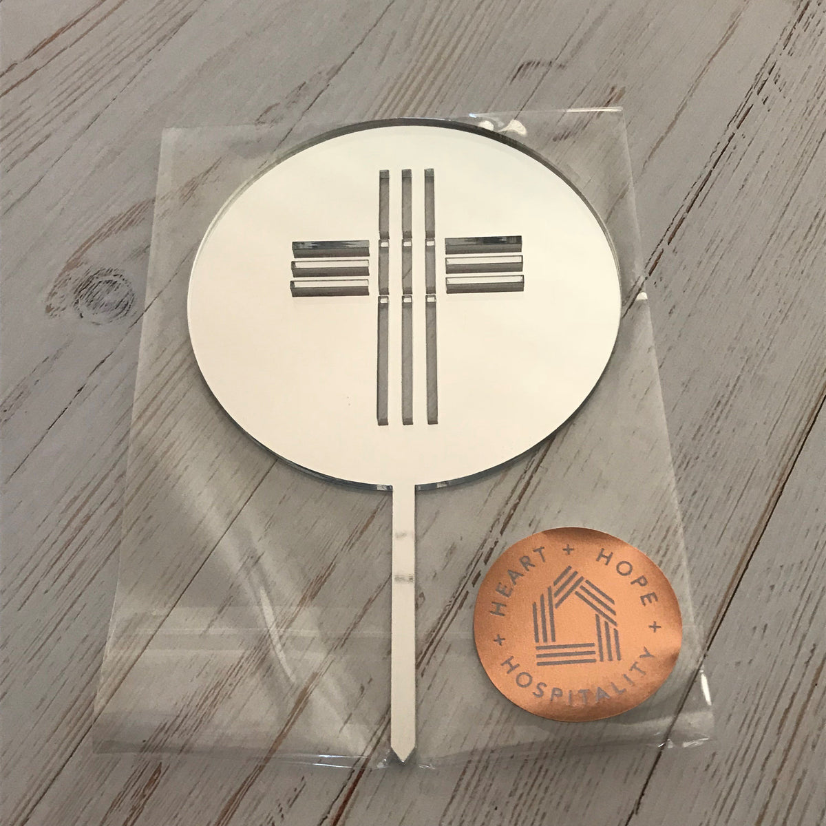 Silver Mirror Round Cake Topper with Cross
