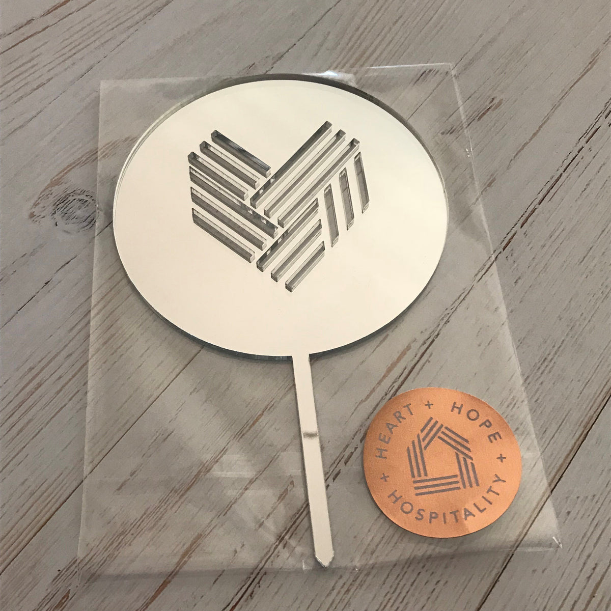 Silver Mirror Round Cake Topper with heart