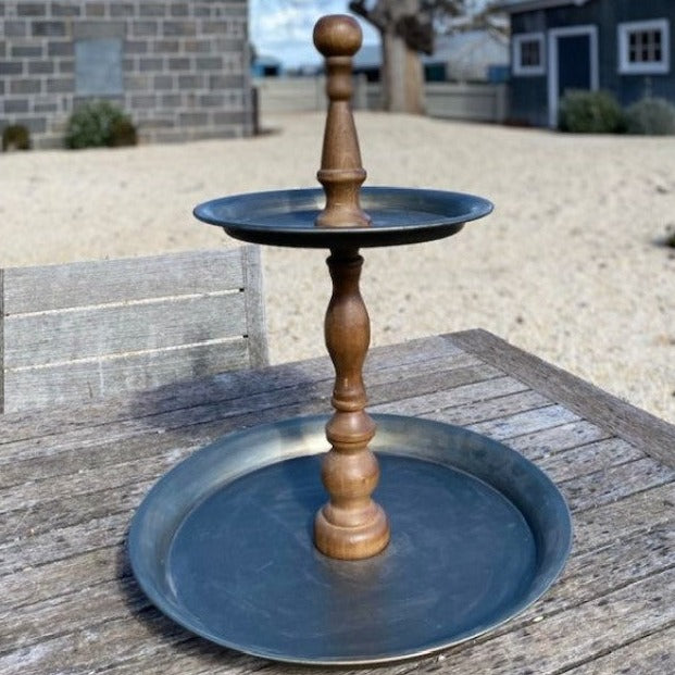 Two Tiered Wood and Tin Stand